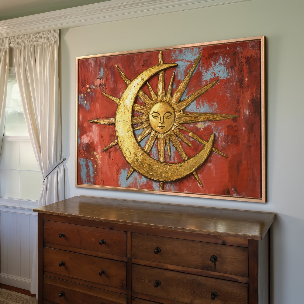 Framed Wall Art: Celestial sun and moon canvas print in gold and red. Add a touch of bohemian style to your home decor.