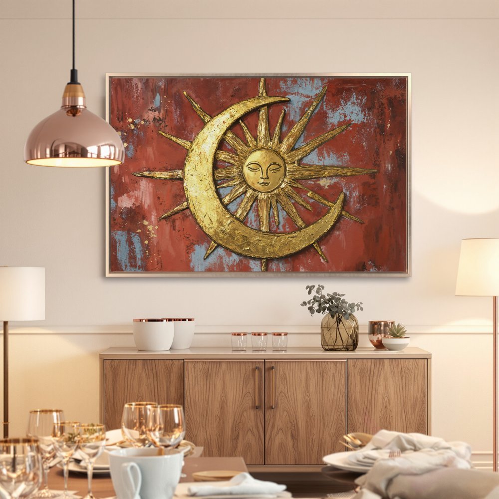 Framed Wall Art: Celestial sun and moon design in gold on a textured red background. Adds a touch of bohemian style to any room.