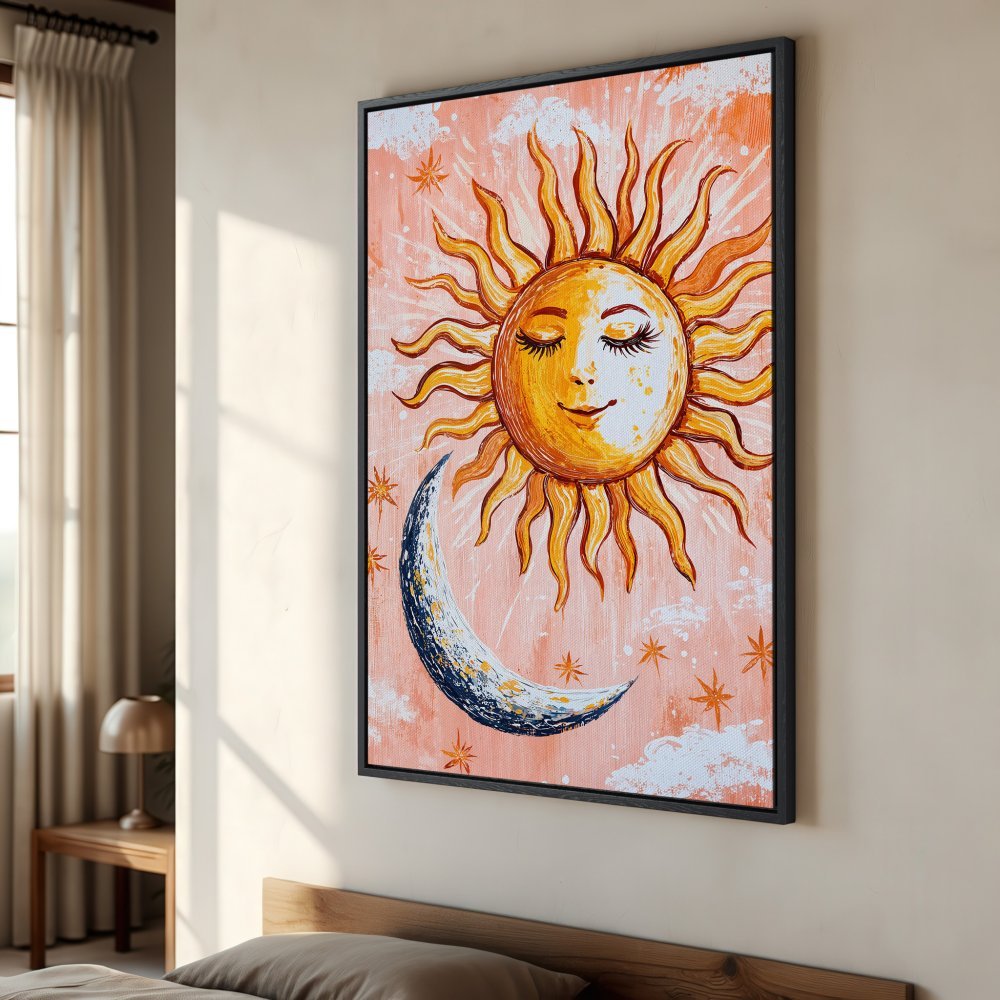 Framed Wall Art: Whimsical sun and moon painting in warm orange and yellow tones. Perfect for adding a touch of boho style to your home decor.