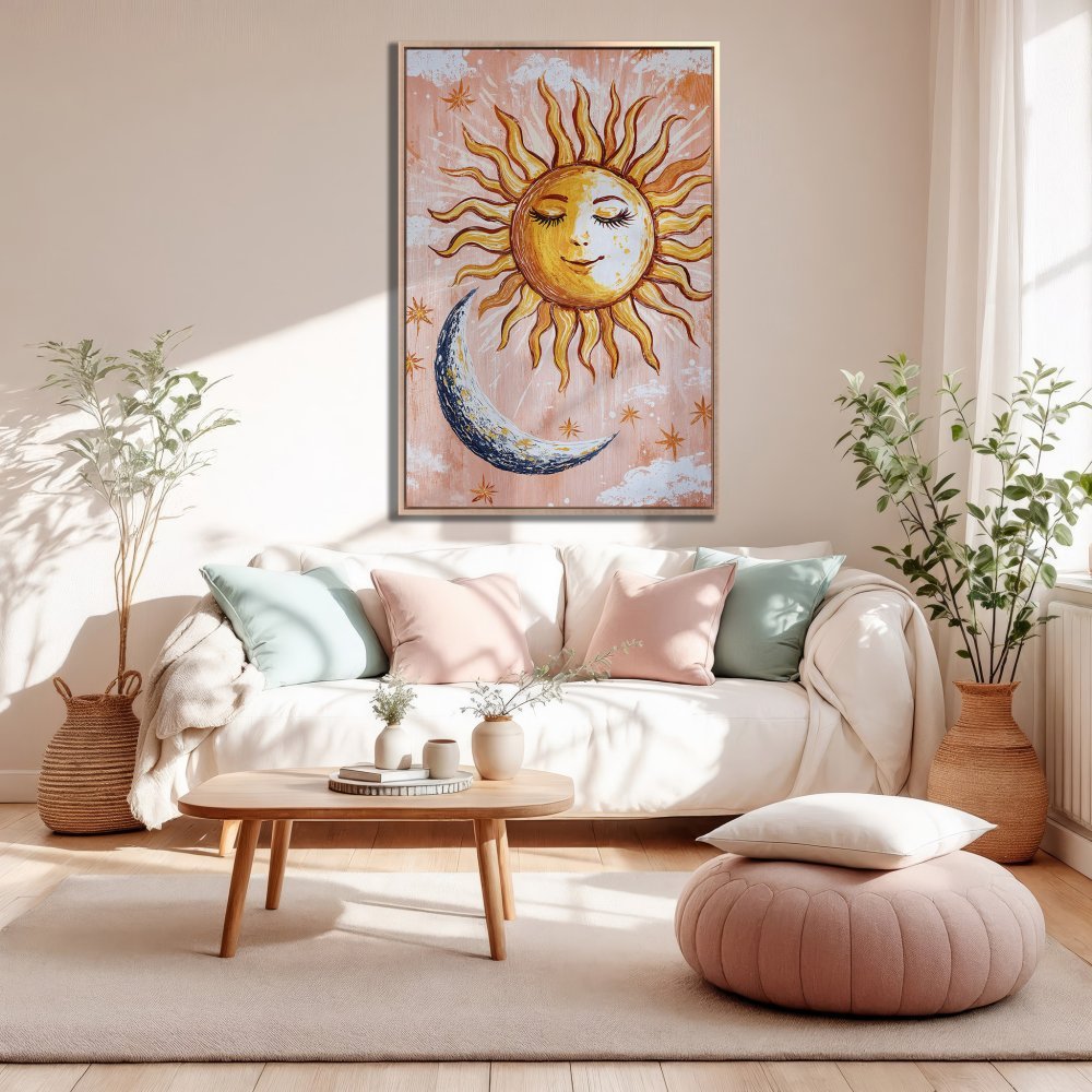 Framed Wall Art: Whimsical sun and moon painting in a warm, pastel color palette. Perfect for adding a touch of boho charm to your living room.
