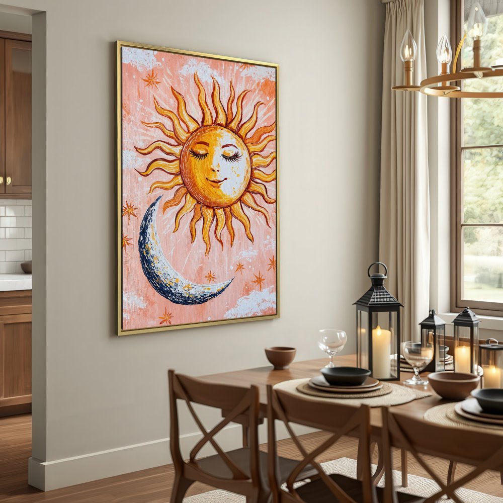 Canvas Print featuring a whimsical sun and moon design in warm orange and gold tones. Perfect for boho wall decor!