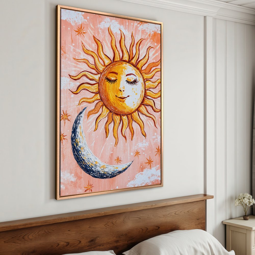 Framed Wall Art: Whimsical sun and moon painting in warm peach, yellow, and blue tones. Perfect for boho decor!