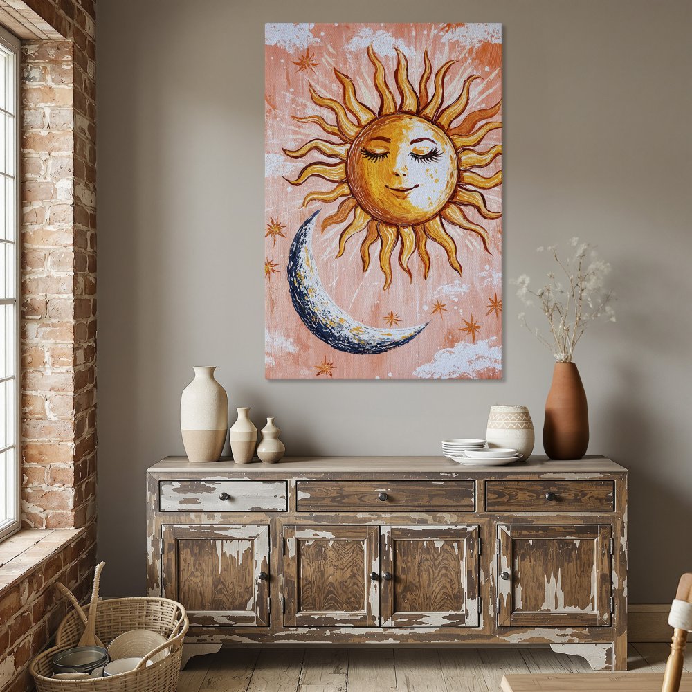 Framed Wall Art: Whimsical sun & moon painting in warm orange & gold tones. Perfect for a cozy dining room. Shop Canvas Prints today!