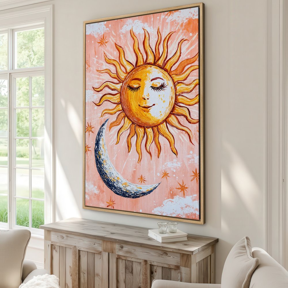 Framed Wall Art: Whimsical sun and moon painting in warm orange and yellow tones. Adds a touch of boho style to any space.