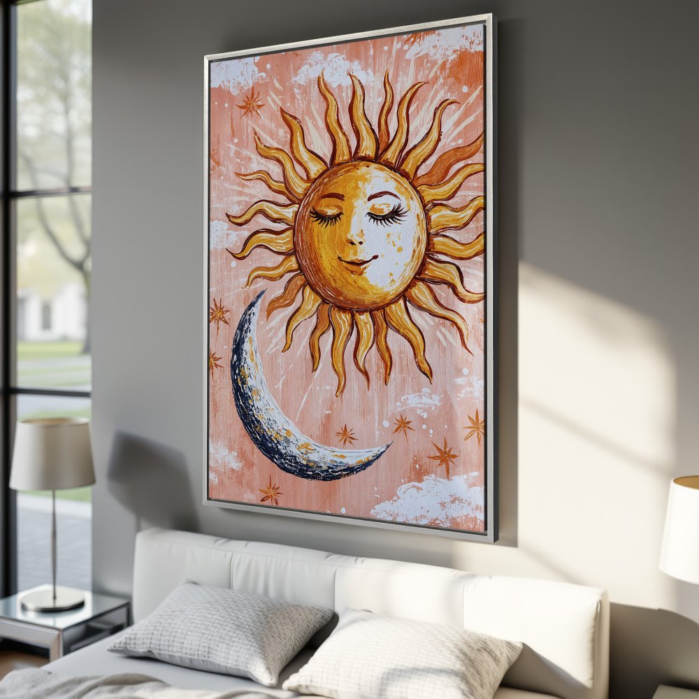 Framed Wall Art: Whimsical sun and moon painting in warm orange and yellow tones. Boho style canvas print perfect for bedroom decor.