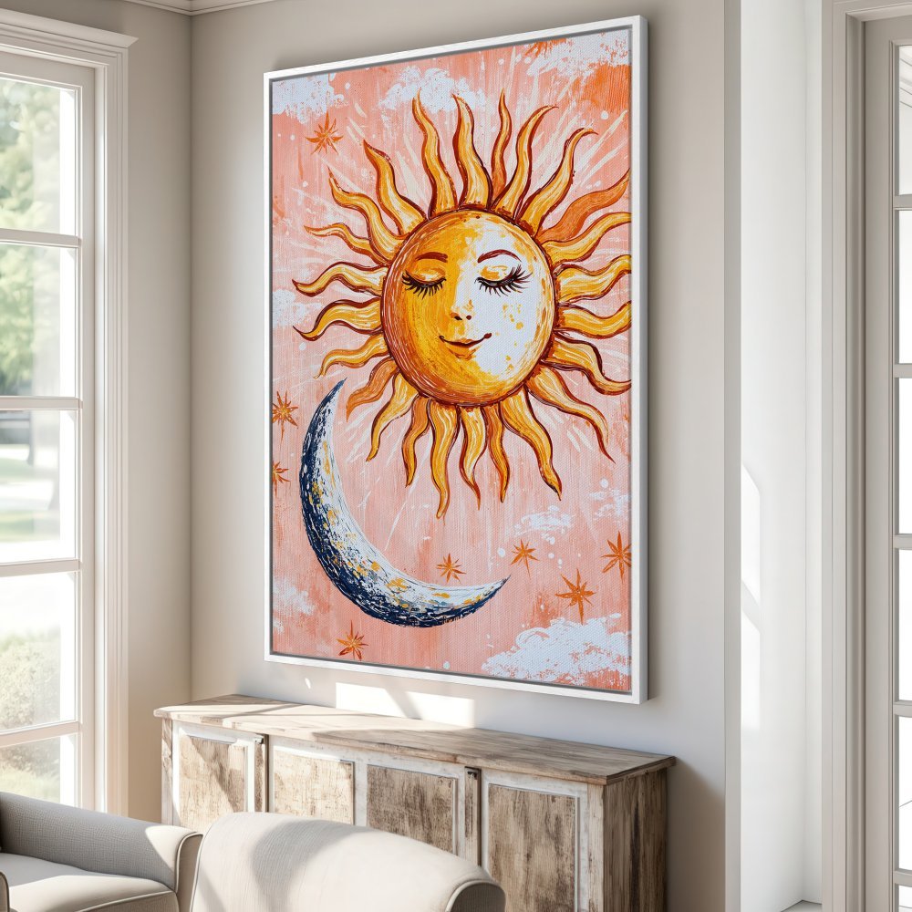 Framed Wall Art: Whimsical sun and moon painting in warm orange and blue hues. Perfect for adding a touch of bohemian charm to your space.