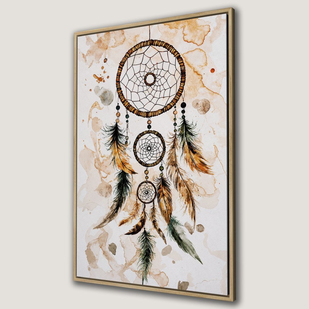 Framed Wall Art featuring a watercolor dreamcatcher. Earthy tones and bohemian style. Perfect for adding a touch of serenity to your space.