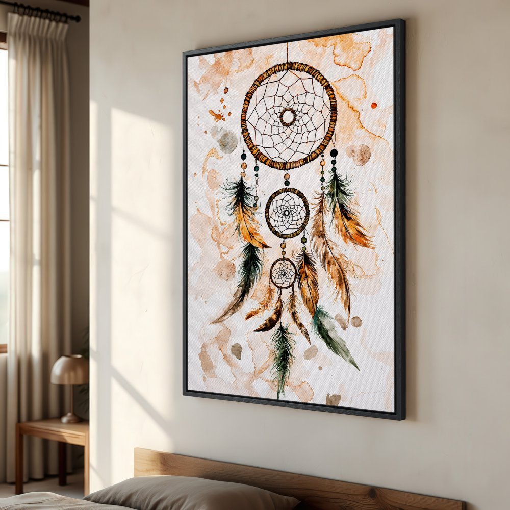 Framed Wall Art: Watercolor dreamcatcher in warm earth tones. Boho style Canvas Print adds a touch of serenity to any space.