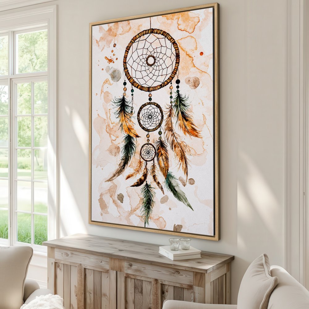 Framed Wall Art: Dreamcatcher Canvas Print in watercolor style, featuring warm earth tones and feathers, perfect for boho decor.