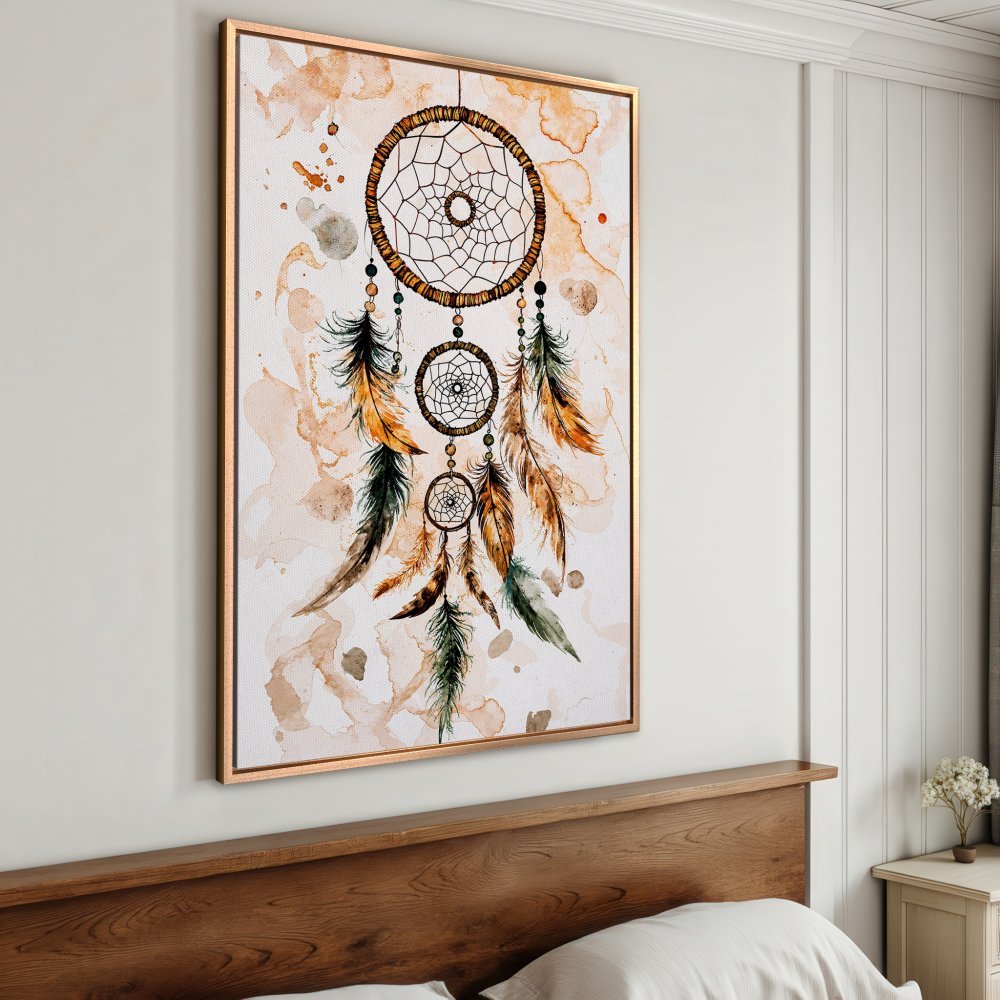 Framed Wall Art: Watercolor dreamcatcher print in warm earth tones. Boho style canvas art for bedroom decor.