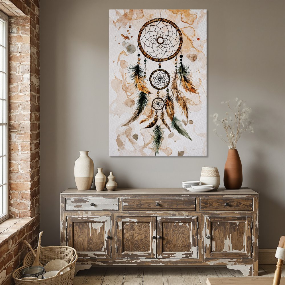 Framed Wall Art: Dreamcatcher print in warm earth tones. Bohemian style canvas art perfect for dining room decor.