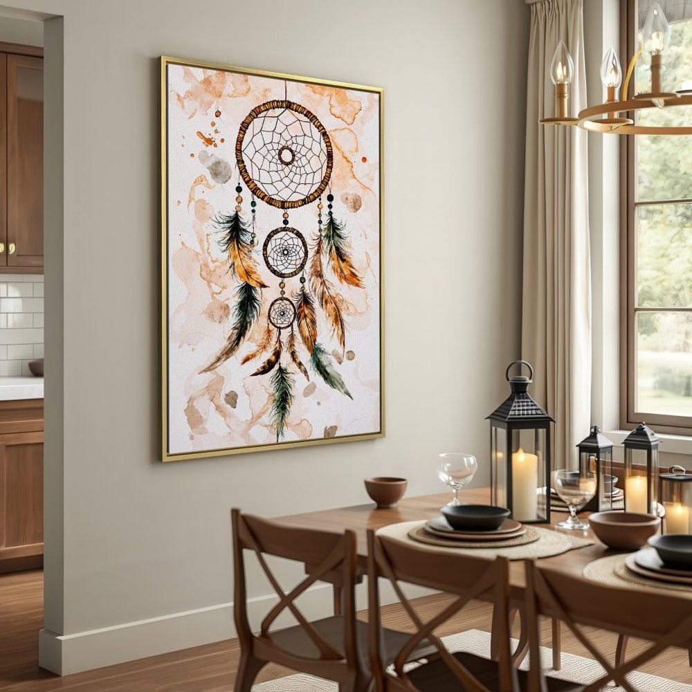 Canvas Print featuring a watercolor dreamcatcher. Neutral tones and earthy palette create a boho-chic style perfect for any room.