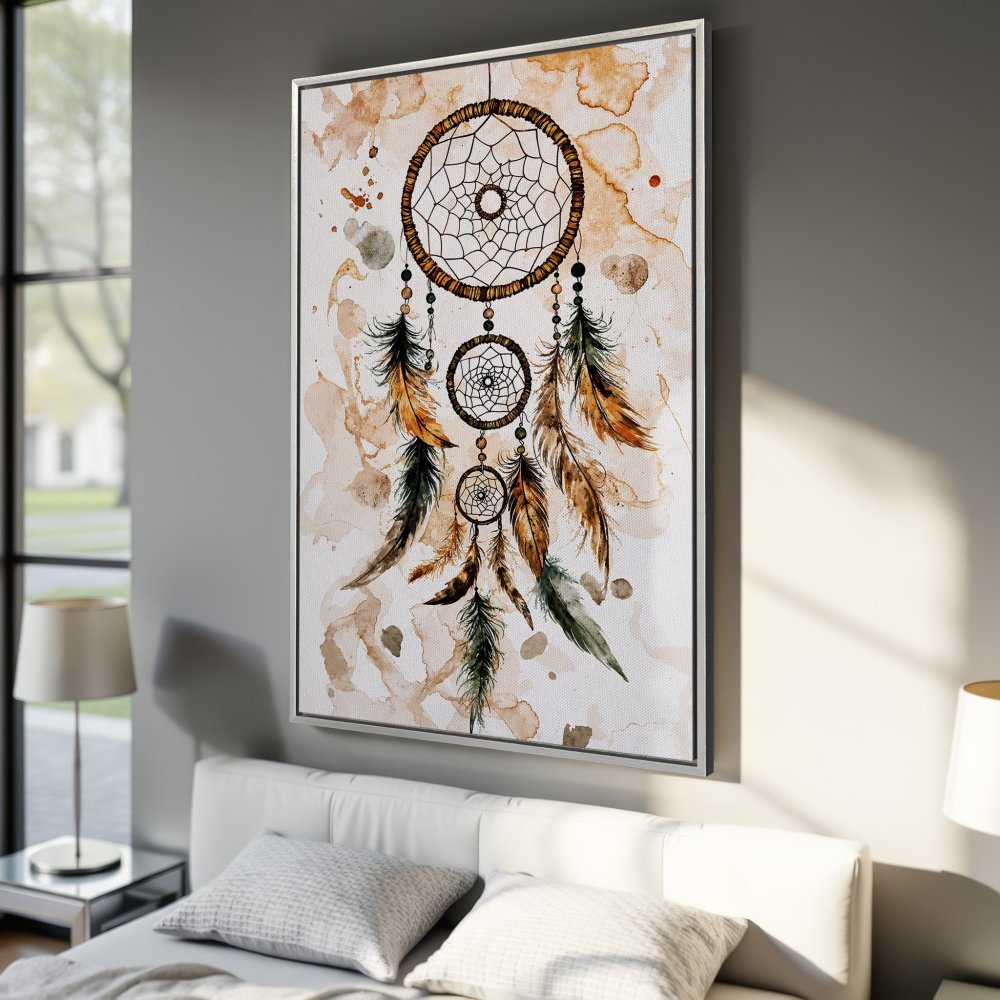 Framed Wall Art: Watercolor dreamcatcher print in earthy tones. Boho style canvas art for a cozy bedroom. Enhance your home decor!