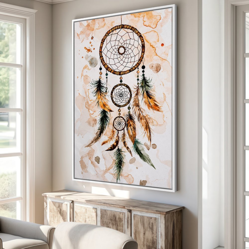Framed Wall Art: Watercolor dreamcatcher print in warm earth tones. Bohemian style canvas art for living room decor.