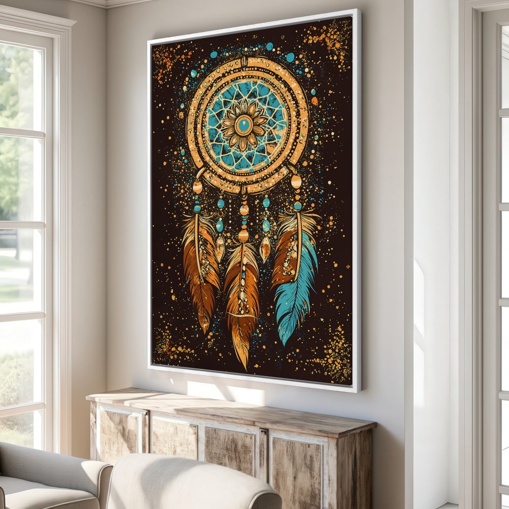 Framed Wall Art: Dreamcatcher illustration in teal, orange, and brown. Boho style canvas print for living room decor.