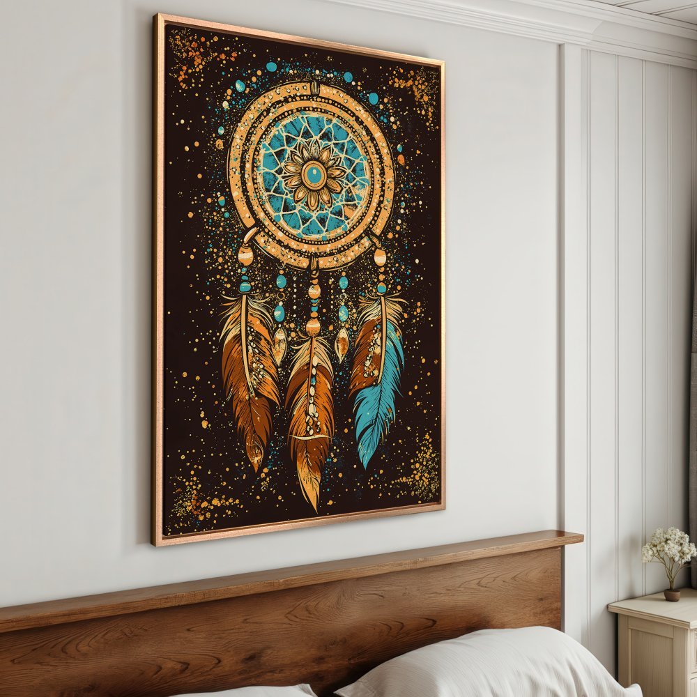 Framed Wall Art: Dreamcatcher Canvas Print in boho style, featuring a warm color palette of teal, gold, and brown. Perfect for bedroom decor!