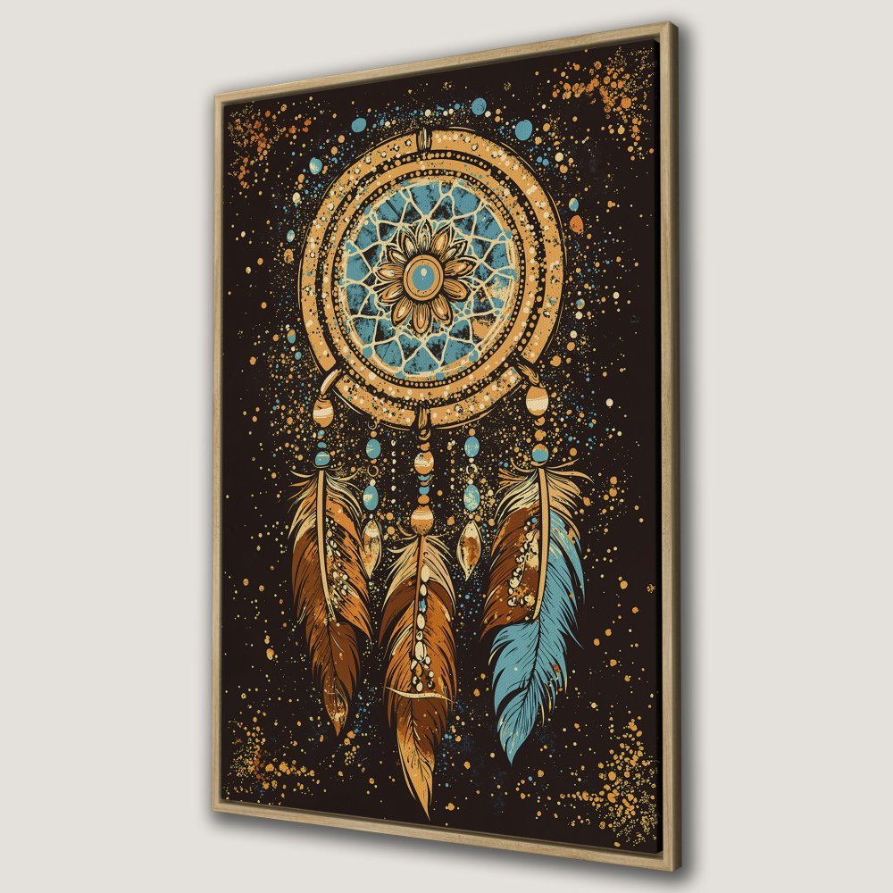 Framed Wall Art: Dreamcatcher print in bohemian style with warm gold, brown, and teal tones on a black background. Perfect for adding a touch of artistry.