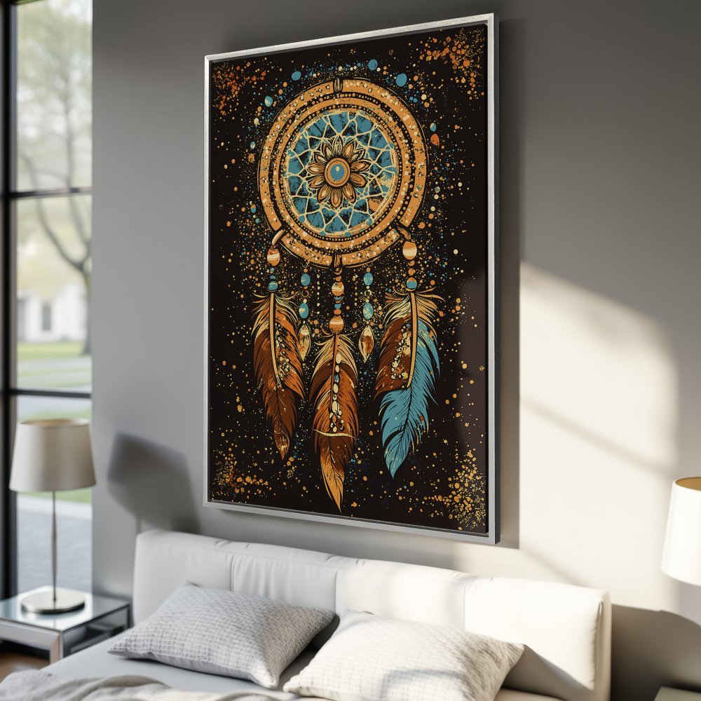 Framed Wall Art: Dreamcatcher Canvas Print. Bohemian style artwork with teal, gold, and brown color palette. Perfect bedroom decor.