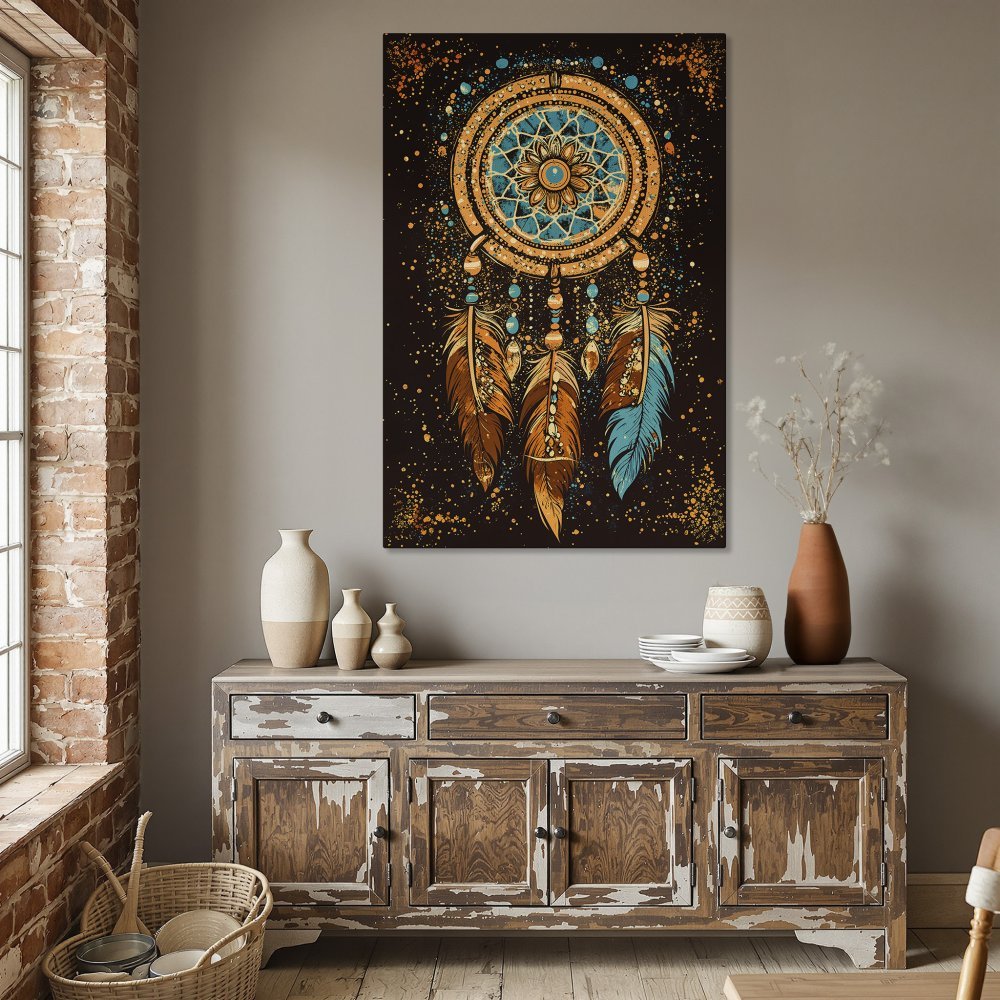 Framed Wall Art: Dreamcatcher in boho style with teal, gold, and brown color palette. Perfect for adding a touch of artistry to your dining room.