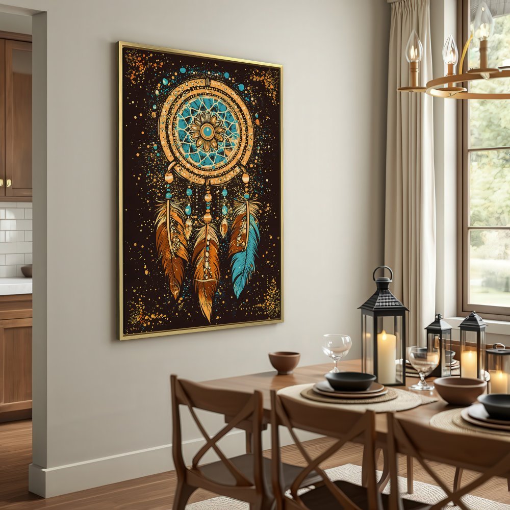 Canvas Print featuring a dreamcatcher. Boho wall art with gold, teal, and brown tones. Perfect for adding a touch of bohemian style.