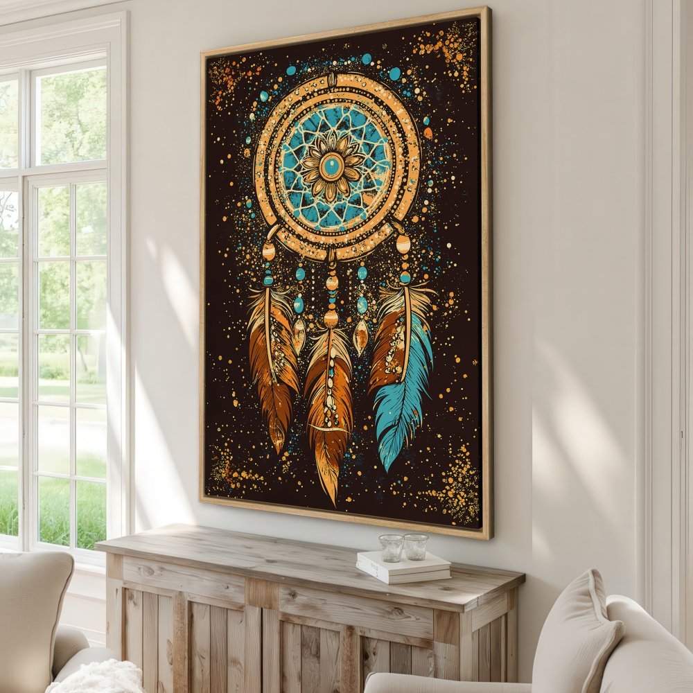 Framed Wall Art: Dreamcatcher canvas print in warm earth tones and teal. Boho style wall decor for a cozy, stylish interior.
