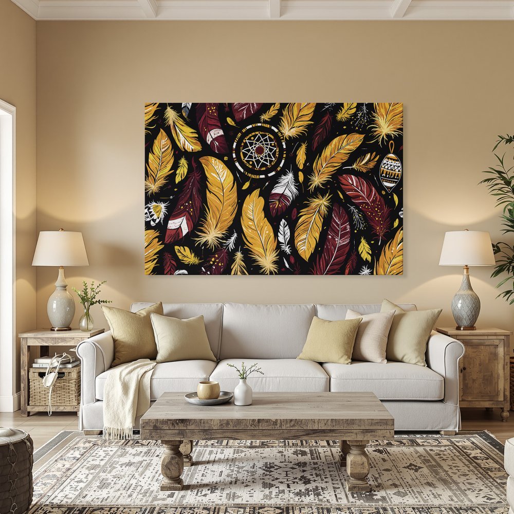 Framed Wall Art featuring a vibrant feather pattern in yellow, red, and white on a black background. Boho style Canvas Print for home decor.
