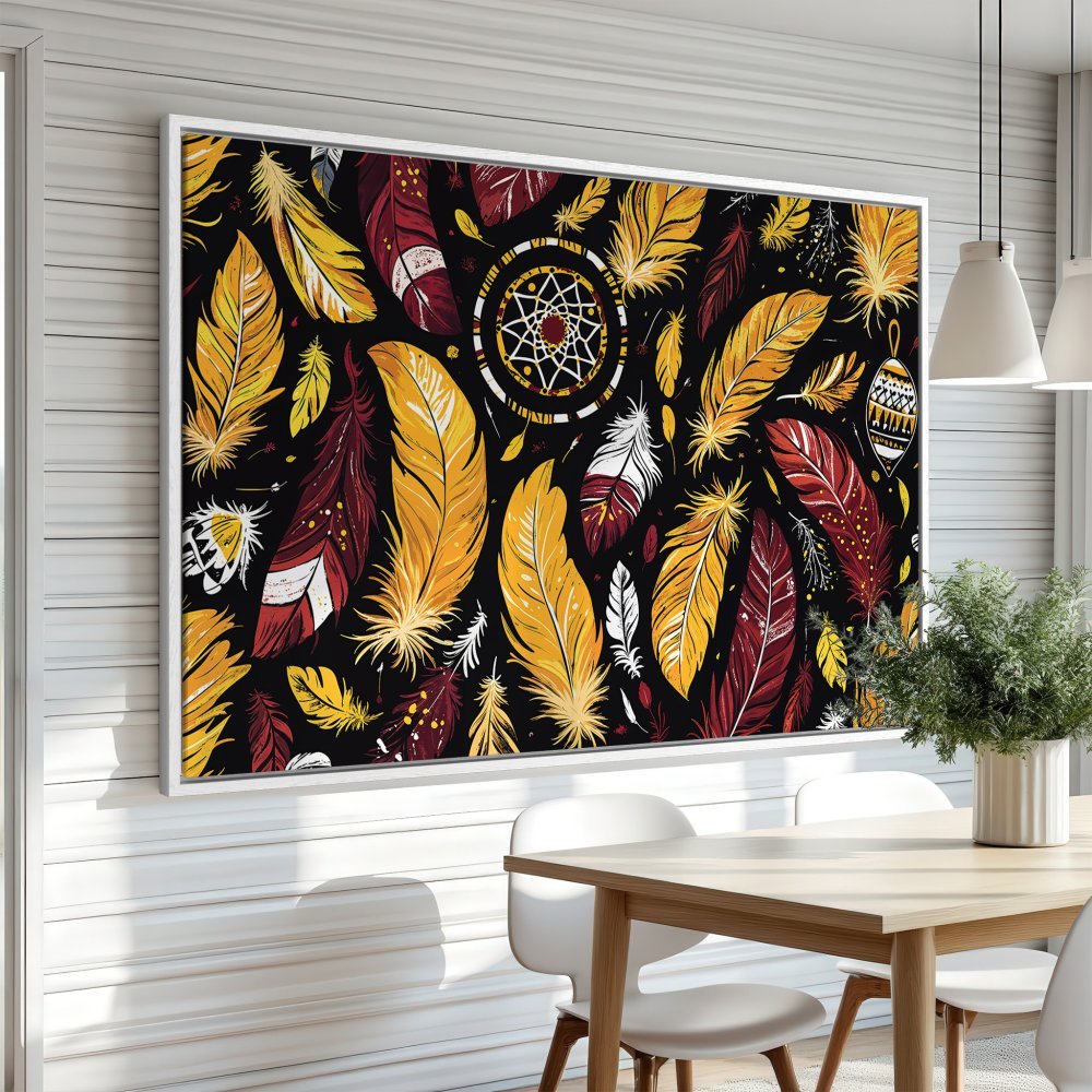 Framed Wall Art featuring a bohemian feather design in warm yellow, red, and black. Perfect for adding a touch of style to your home!
