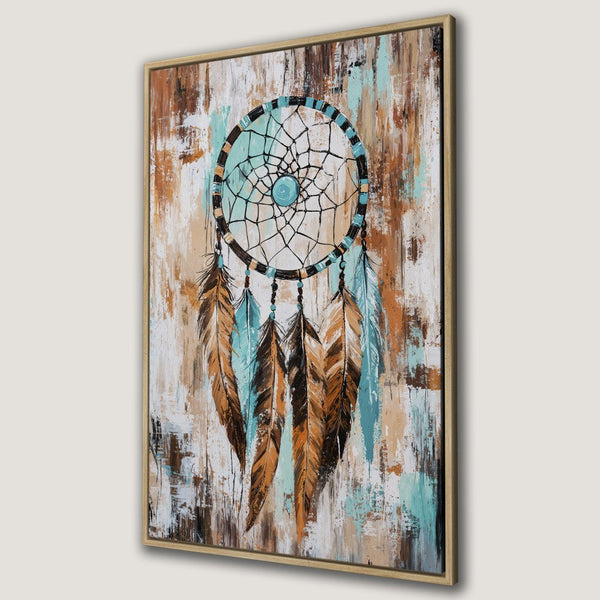 Framed Wall Art: Dreamcatcher Canvas Print in boho style with turquoise, brown, and white color palette. Perfect for adding a touch of art to your home!