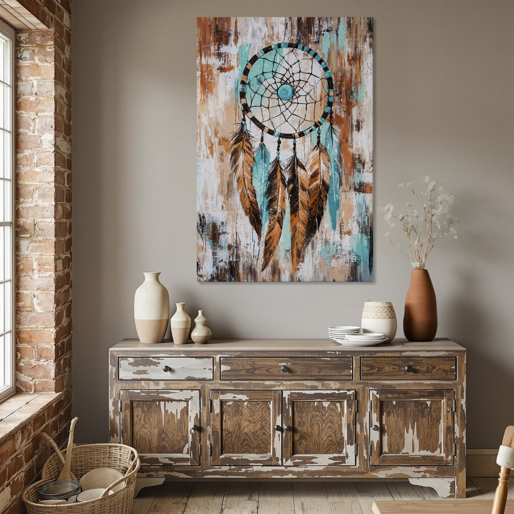 Framed Wall Art: Dreamcatcher Canvas Print in turquoise, orange, and brown. Rustic style art for your home decor.