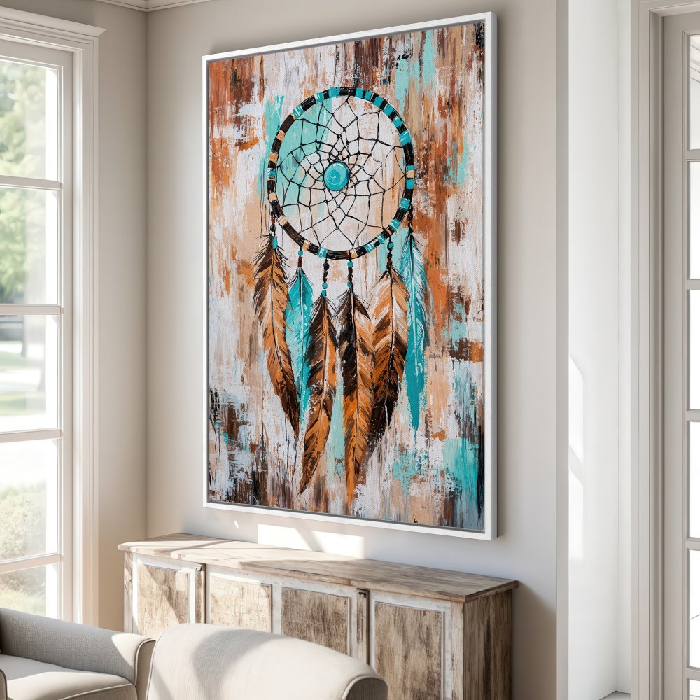 Framed Wall Art: Dreamcatcher painting in a rustic style with teal, brown, and orange hues. Perfect boho decor for your living room!