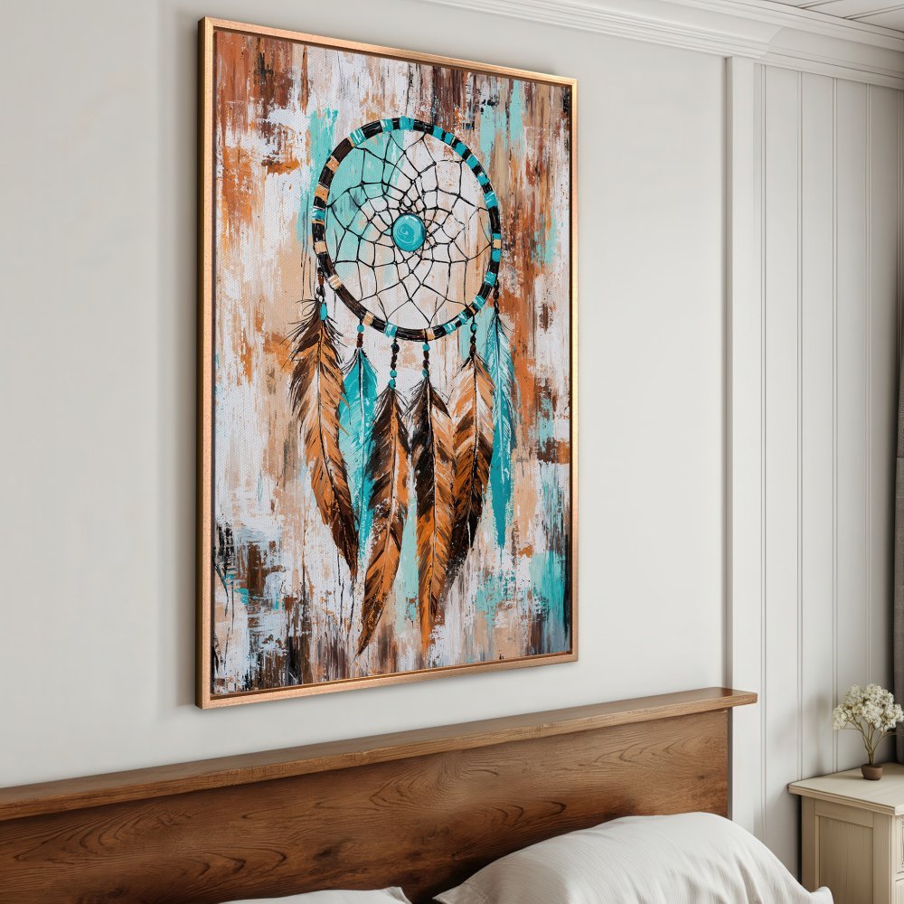 Framed Wall Art: Dreamcatcher painting with turquoise, brown, and orange hues. Rustic style Canvas Print for boho bedroom decor.