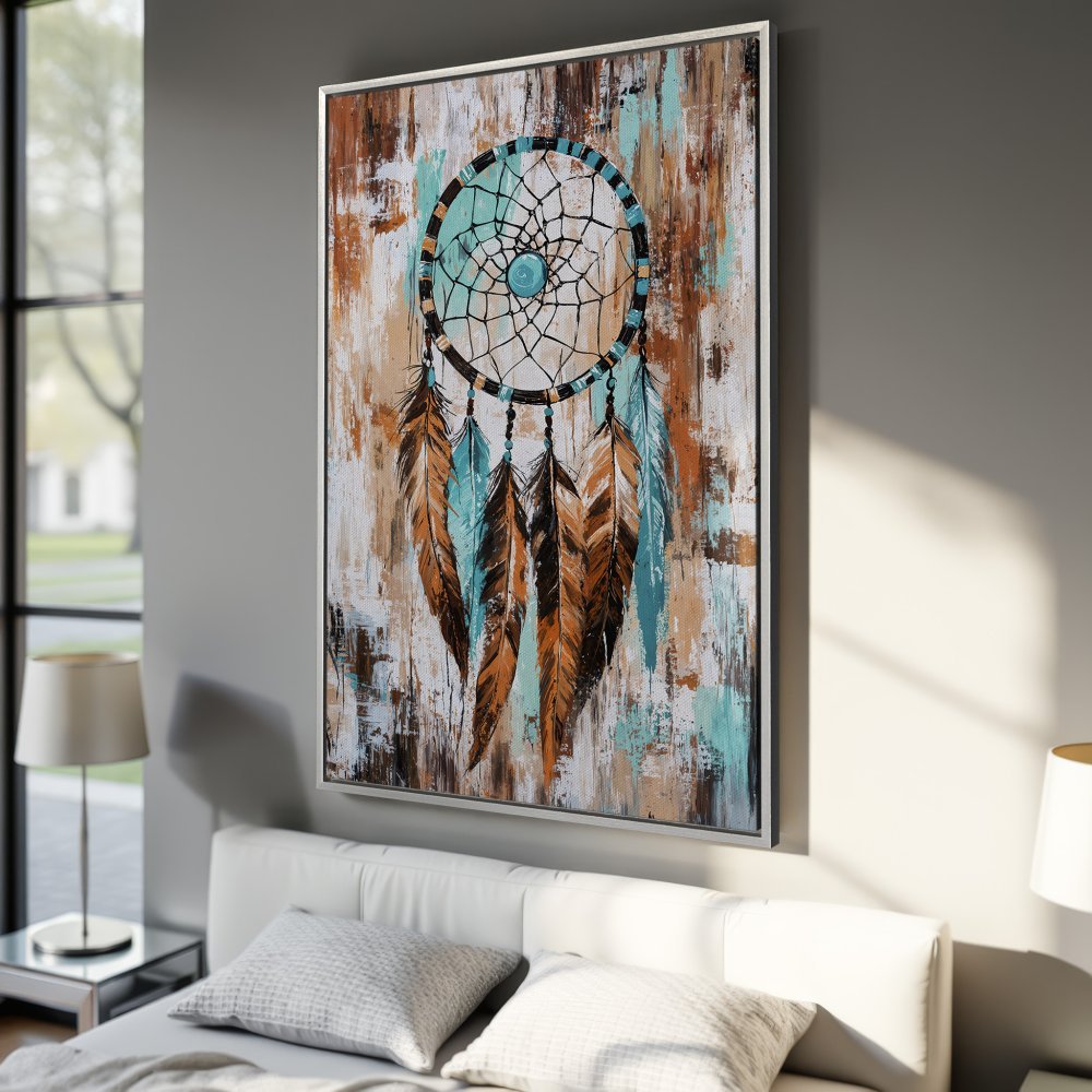 Framed Wall Art: Dreamcatcher painting in turquoise, brown, and white. Rustic, boho style canvas print for bedroom decor.