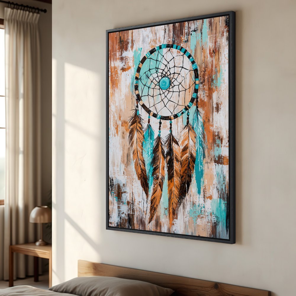 Framed Wall Art: Dreamcatcher Canvas Print in turquoise and brown, rustic style, perfect for bohemian bedroom decor.