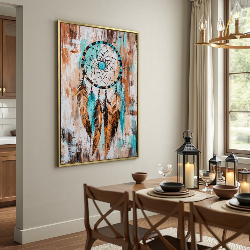 Canvas Print: Dreamcatcher artwork in rustic style with teal, brown, and neutral tones. Perfect for bohemian home decor.