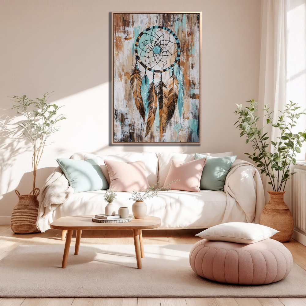 Framed Wall Art: Dreamcatcher Canvas Print in a boho living room. Earthy tones with teal and brown accents. Perfect for home decor.