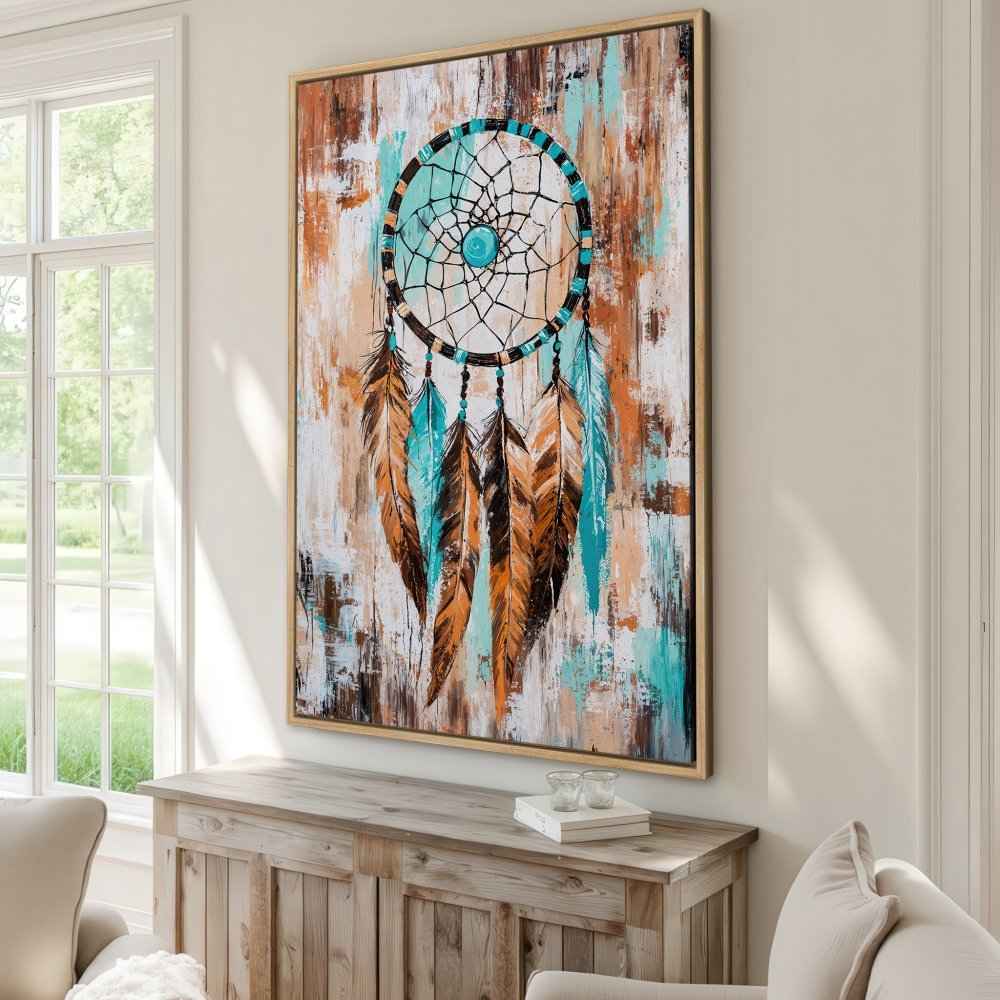 Framed Wall Art: Dreamcatcher painting with turquoise, brown, and white color palette. Rustic, boho style canvas print for home decor.