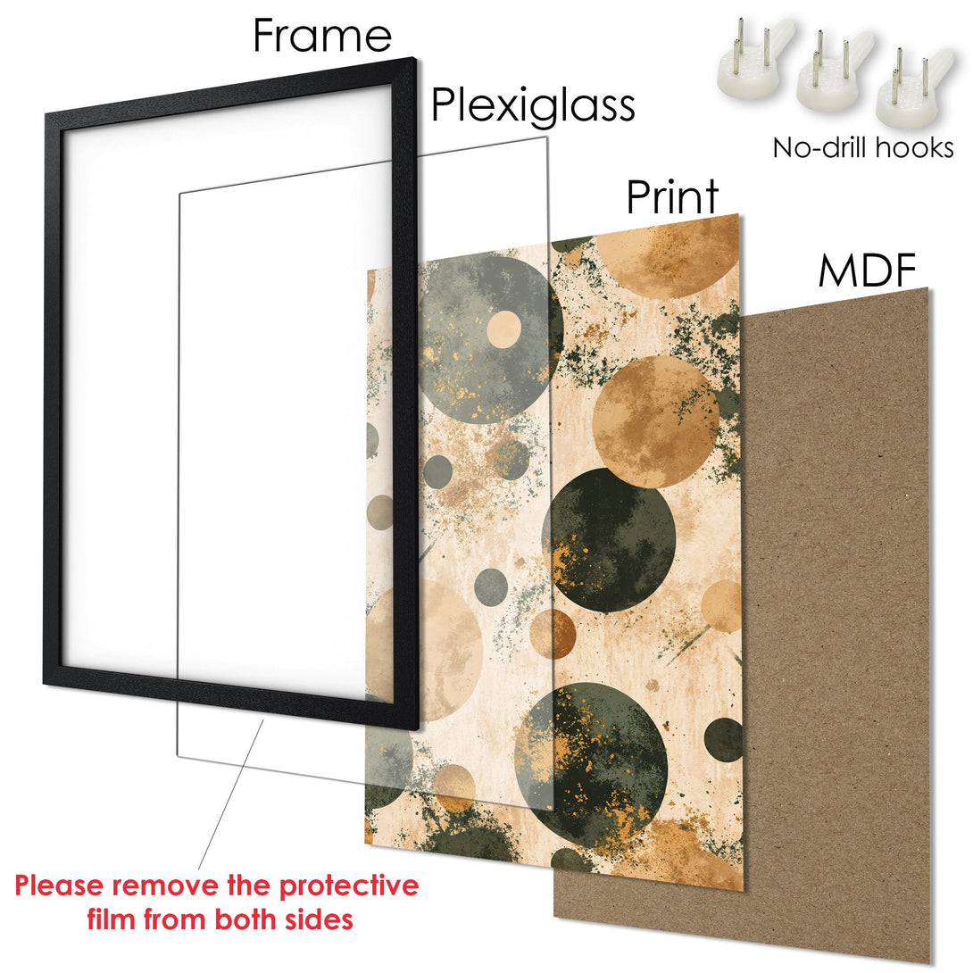 Framed Poster with abstract art in earthy tones. Modern wall decor featuring a black frame and easy hanging.