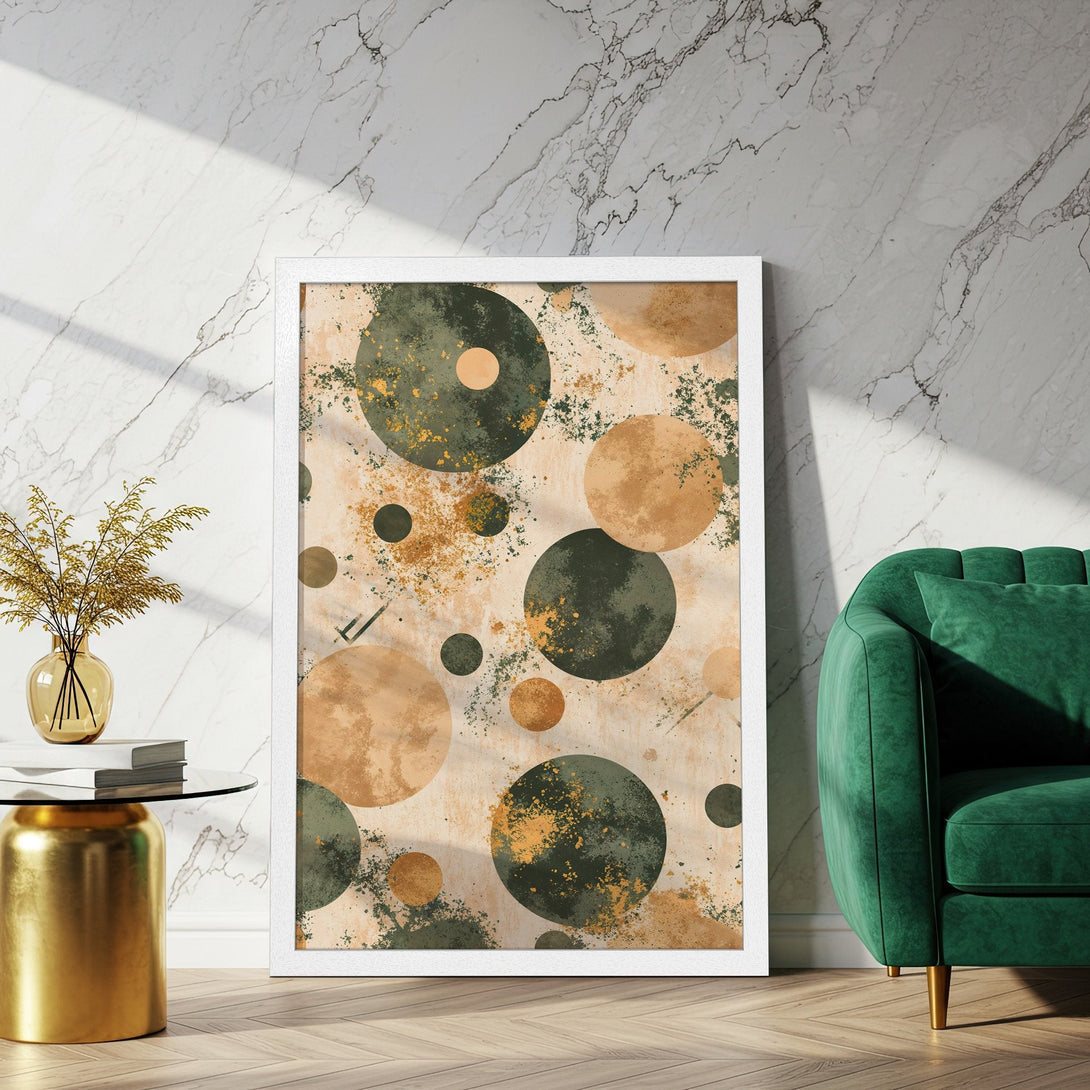 Framed Poster with abstract circle design in green, gold, and beige. Modern art for home decor.