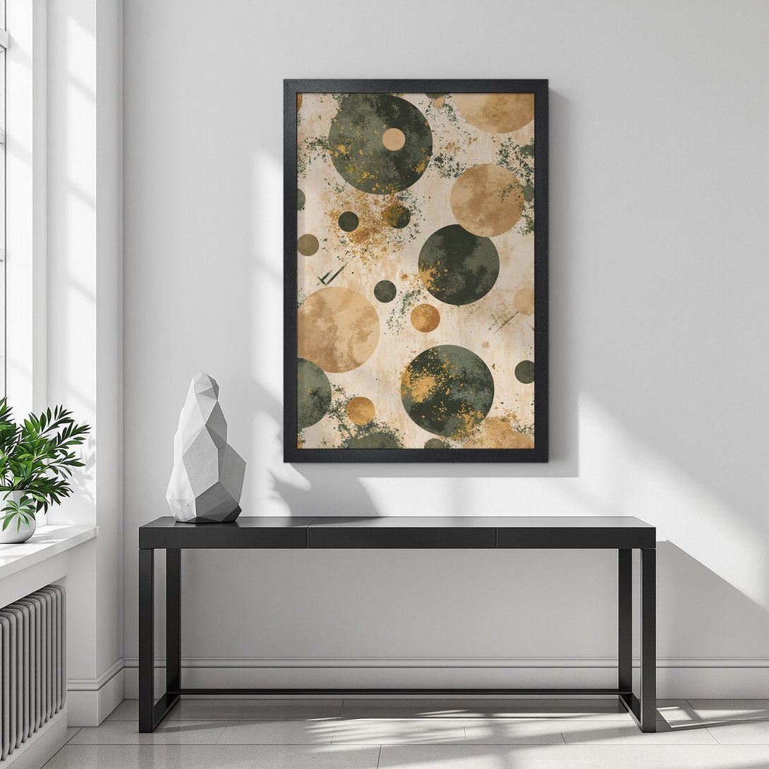 Framed Poster featuring an abstract circle design in earthy tones. Modern art print perfect for home decor.