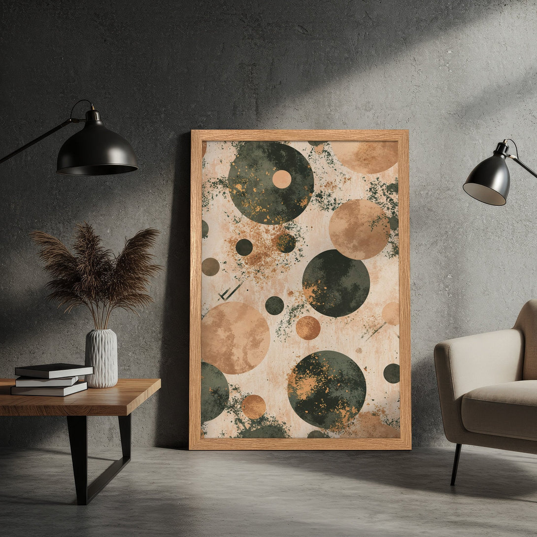 Framed Poster featuring abstract circles in earthy tones. Modern art print perfect for any home decor.