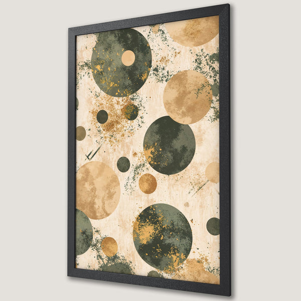 Framed Poster featuring abstract circles in earthy tones. Modern art print with a neutral color palette, perfect for home decor.