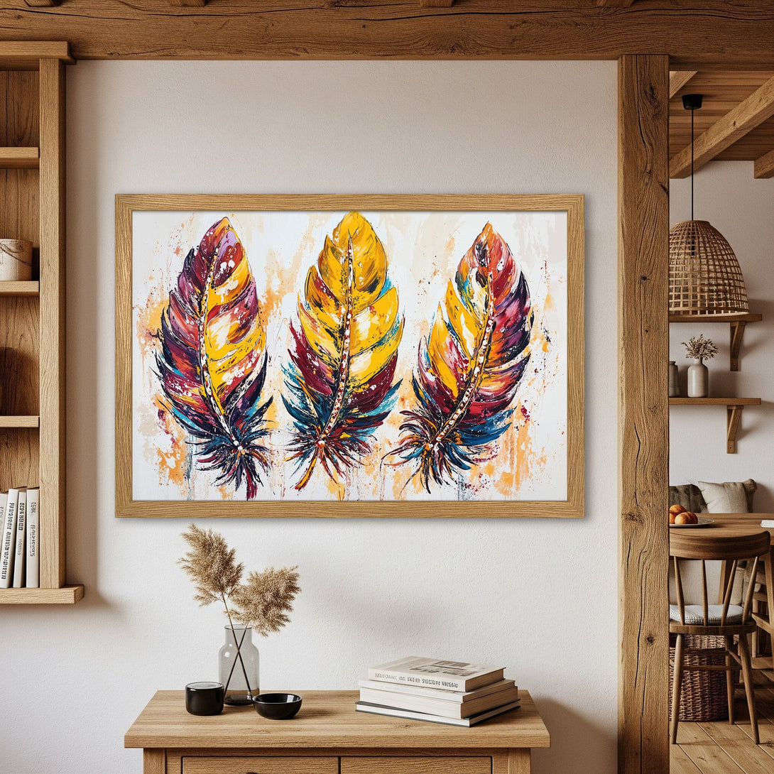 Framed Poster featuring vibrant feather art in a colorful, abstract style. Warm yellow, red, and blue hues create a stunning wall decor piece.