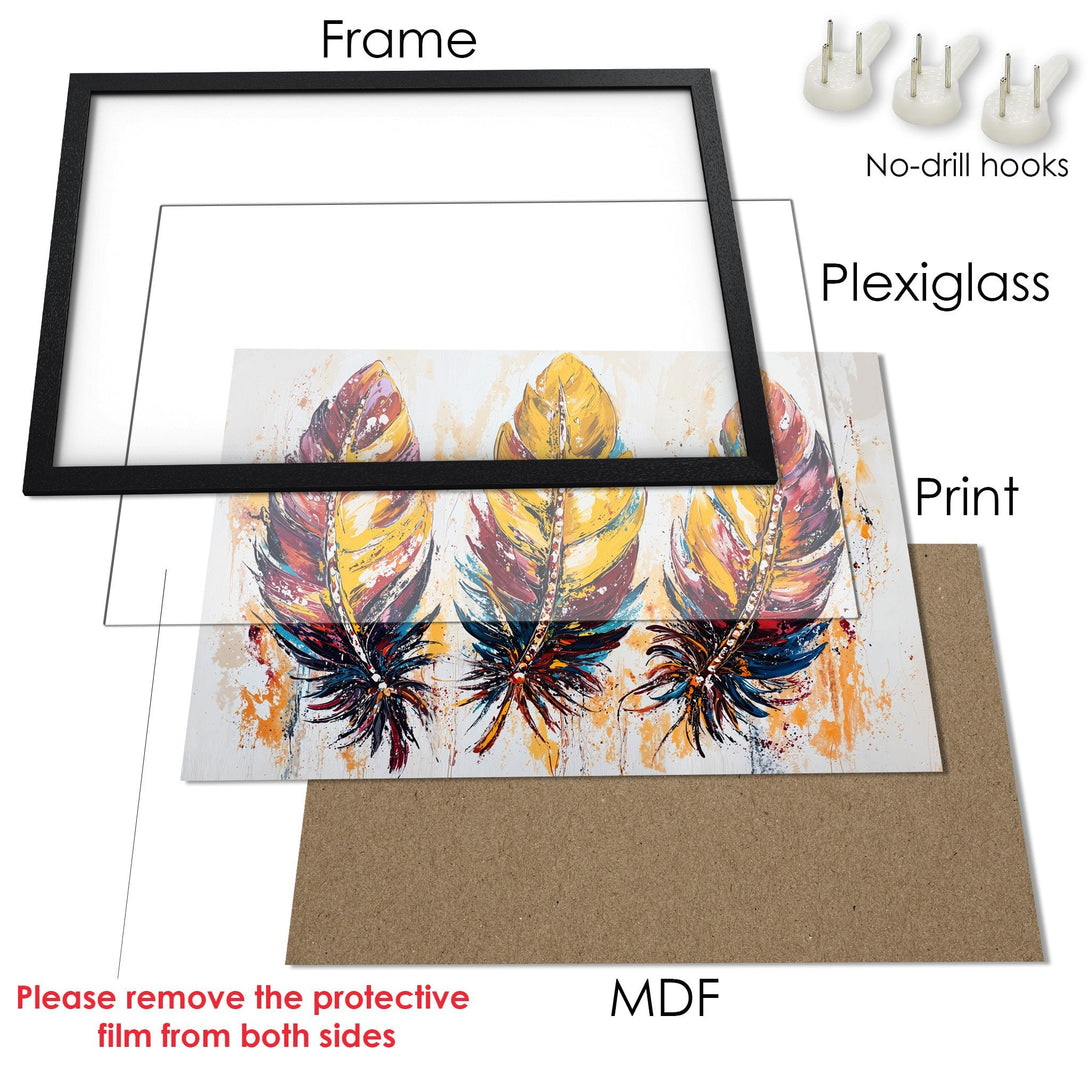 Framed Poster featuring colorful abstract feathers. Modern art style with a warm, vibrant color palette. Perfect wall decor!