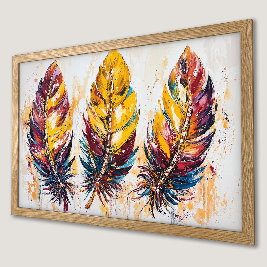 Framed Poster featuring vibrant, abstract feathers in a warm color palette. Perfect wall art!