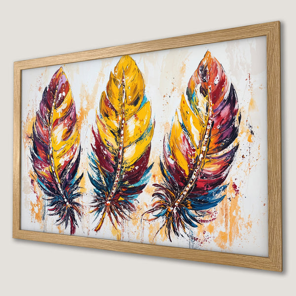 Framed Poster featuring vibrant, abstract feathers in a warm color palette. Perfect wall art!
