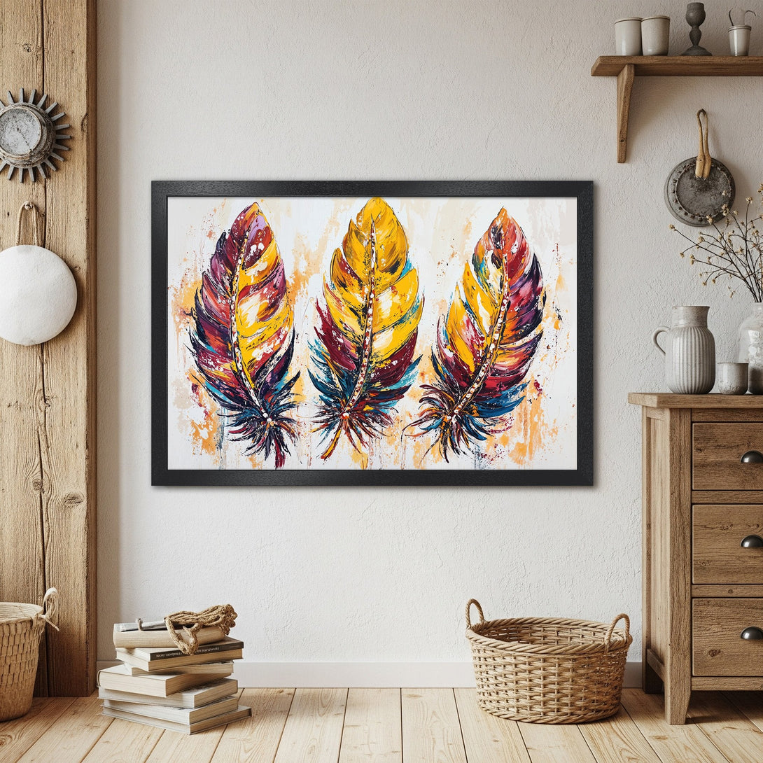 Framed Poster featuring vibrant feather art in a watercolor style with a warm, colorful palette. Perfect wall decor!
