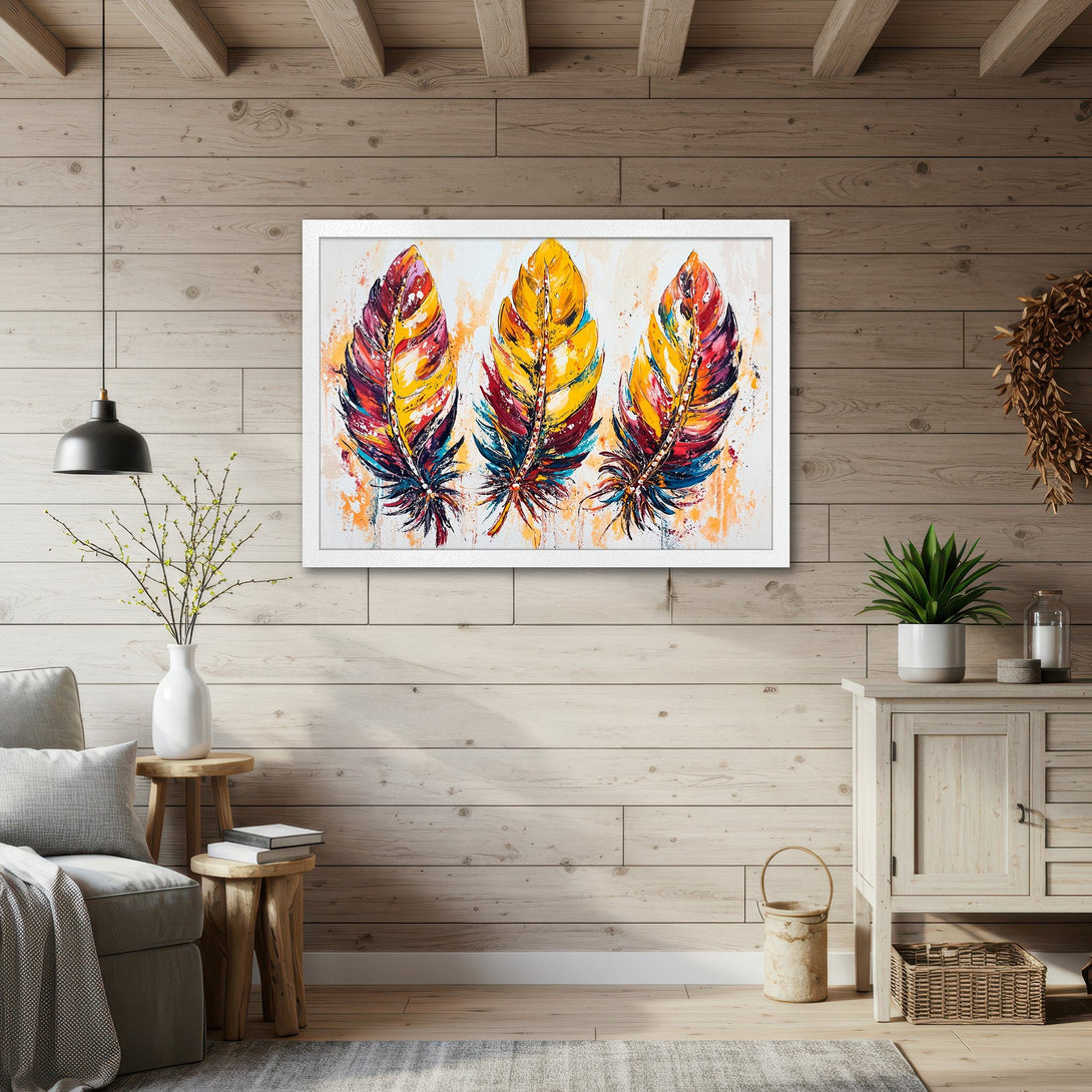 Framed Poster featuring vibrant abstract feathers in a colorful palette of red, yellow, and blue. Perfect wall art for any space!