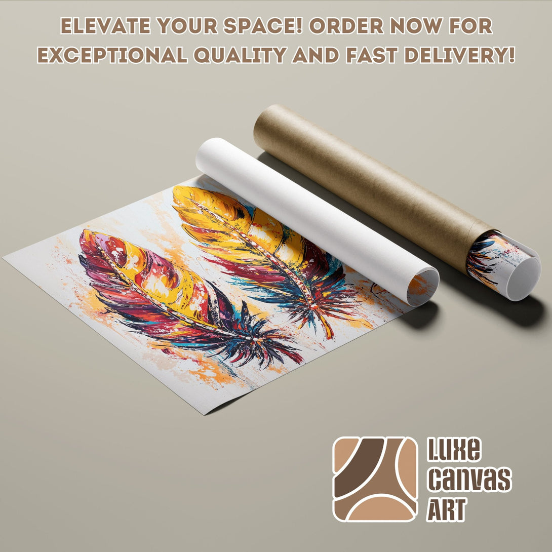 Colorful feather art Poster Roll, vibrant palette, abstract style. Elevate your decor!