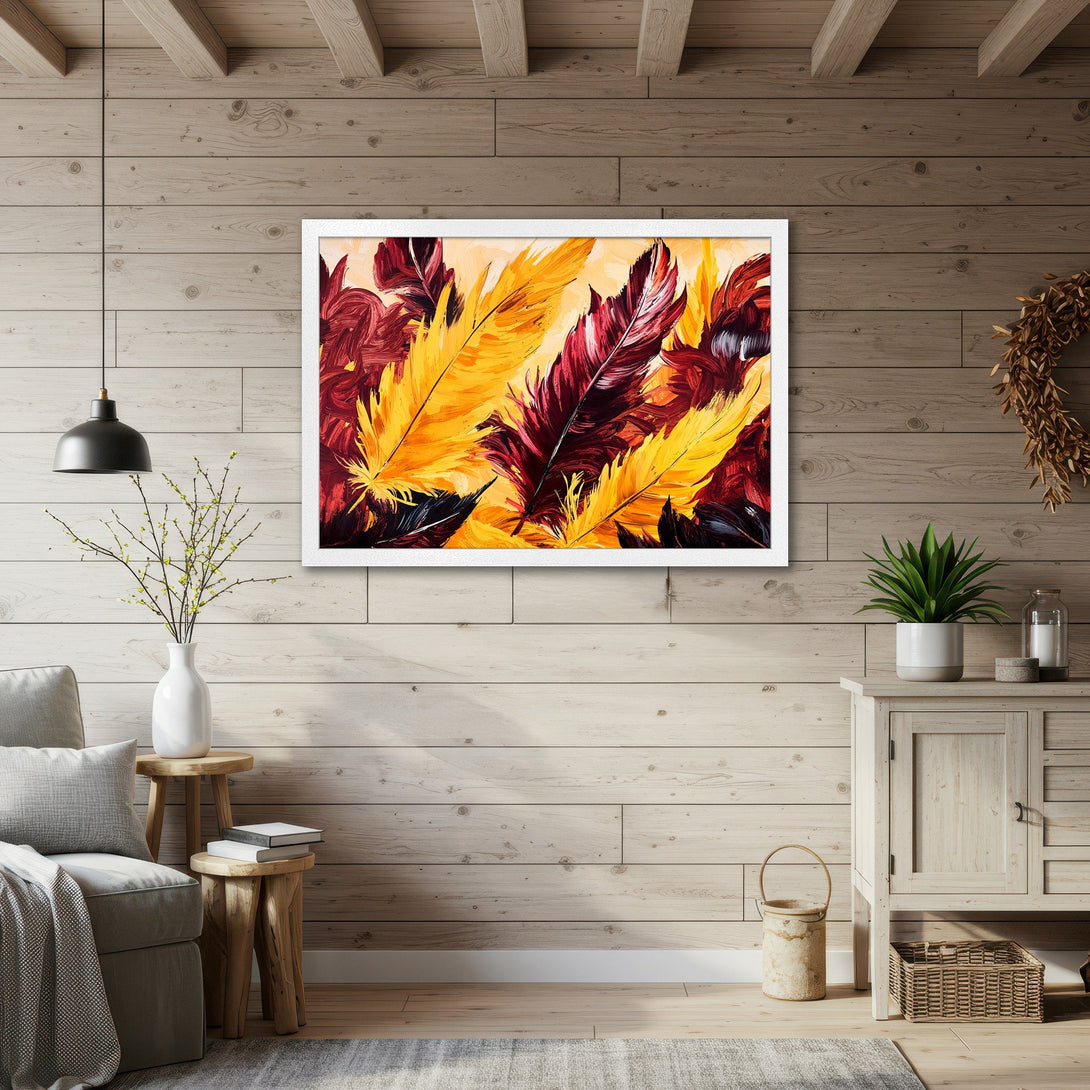 Framed Poster featuring vibrant abstract feathers in warm yellow and red hues, perfect for adding a pop of color to any space.