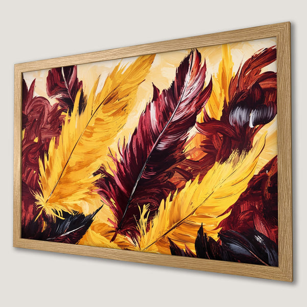 Framed Poster of abstract feather art in warm yellow, red, and black tones. Perfect wall decor.